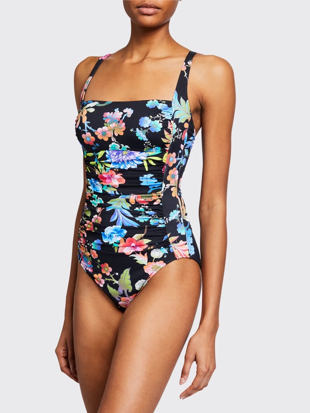 JOHNNY WAS Dreamer Floral-Print Ruched One-Piece Swimsuit Size Small